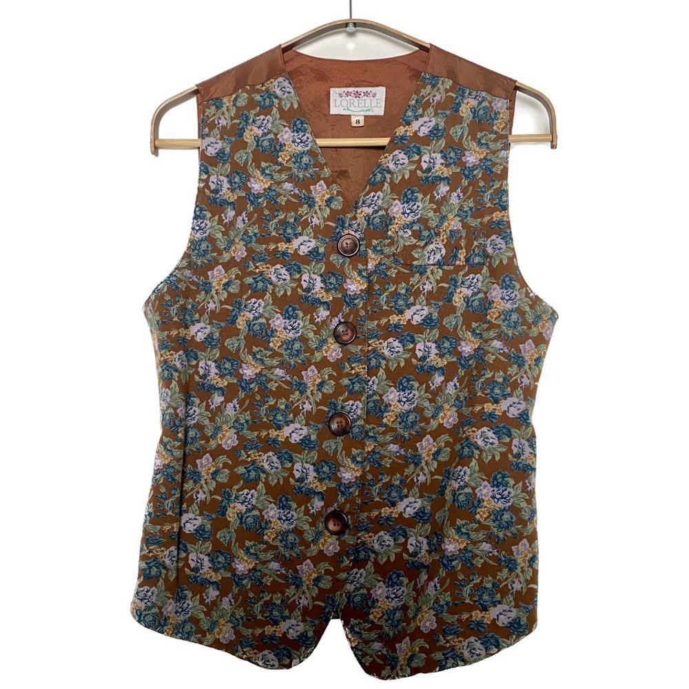Vintage Floral Vest Women SZ 8 Tan Purple Cottagecore Granny 90s Made in Canada